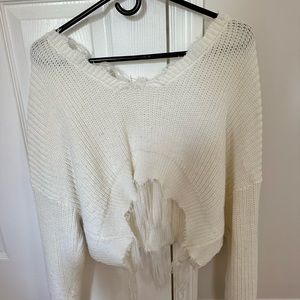 White crop fringe sweater